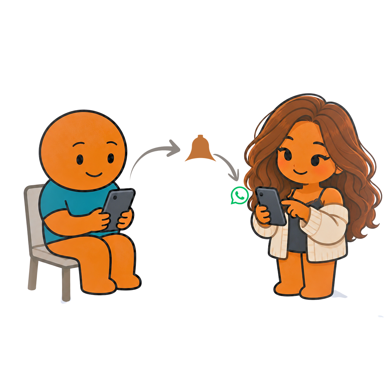A seated character sets a reminder, connected by a bell to a standing character who receives it on their phone.