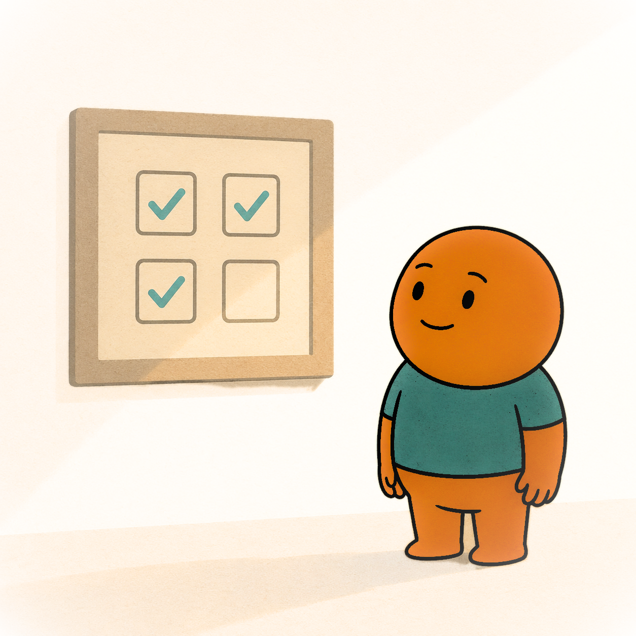 A smiling character looks at a tracking board on the wall, where three out of four boxes are already checked.
