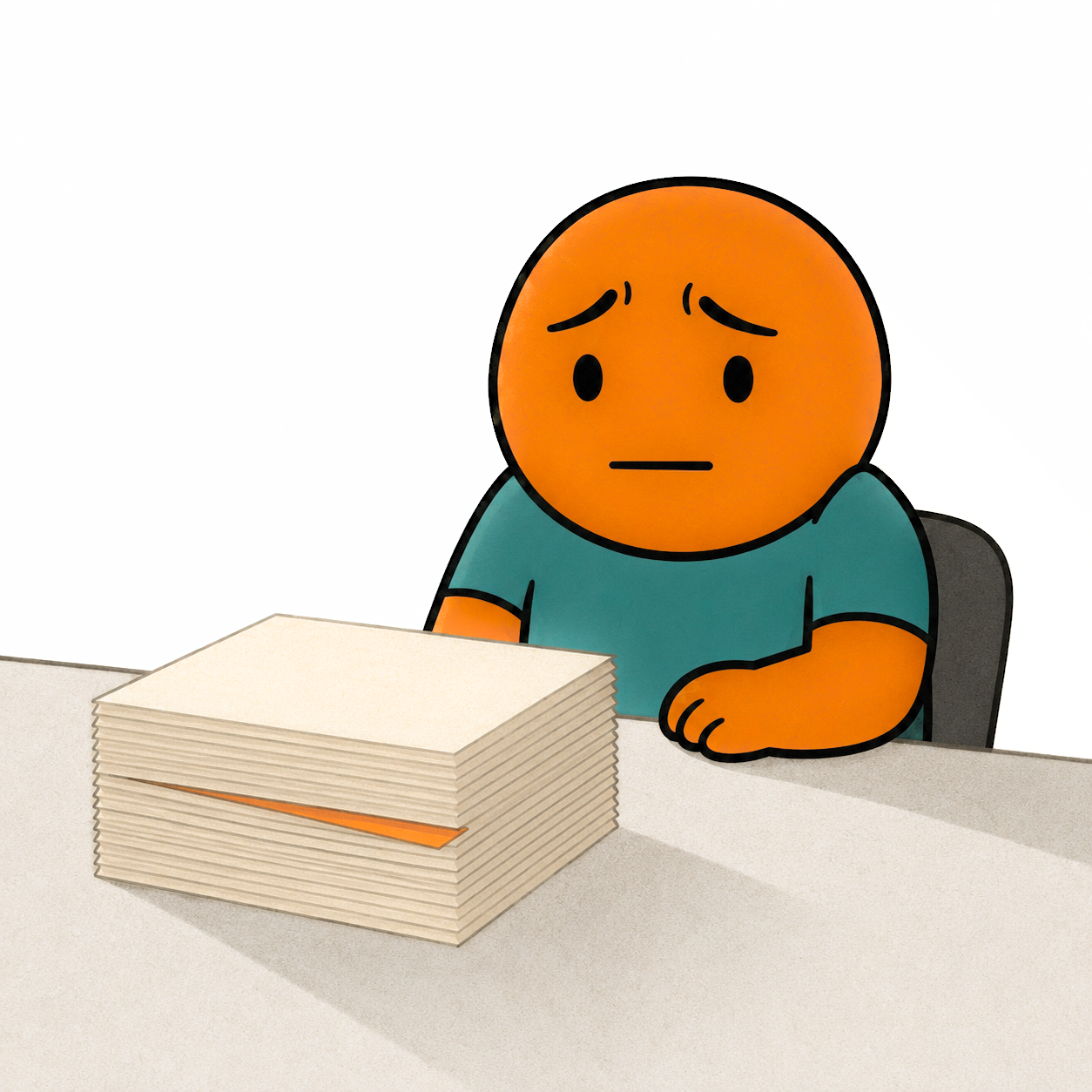 A worried character sitting at a desk, facing a stack of identical papers too tall to read.