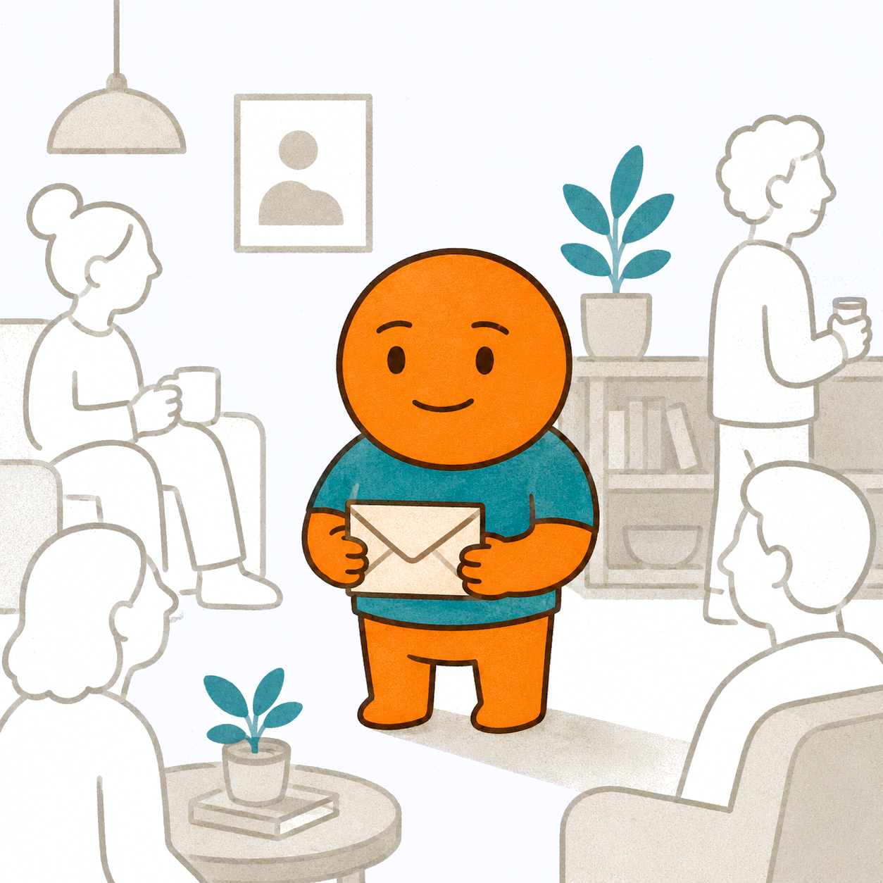 Belo holds an envelope in a living room full of people, illustrating a reminder sent to multiple recipients.