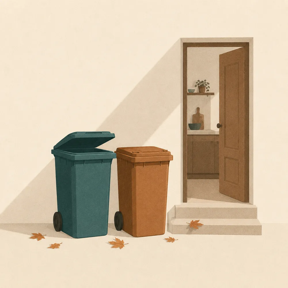 Two wheeled bins, one green and one brown, standing in front of an open front door with autumn leaves scattered on the ground.