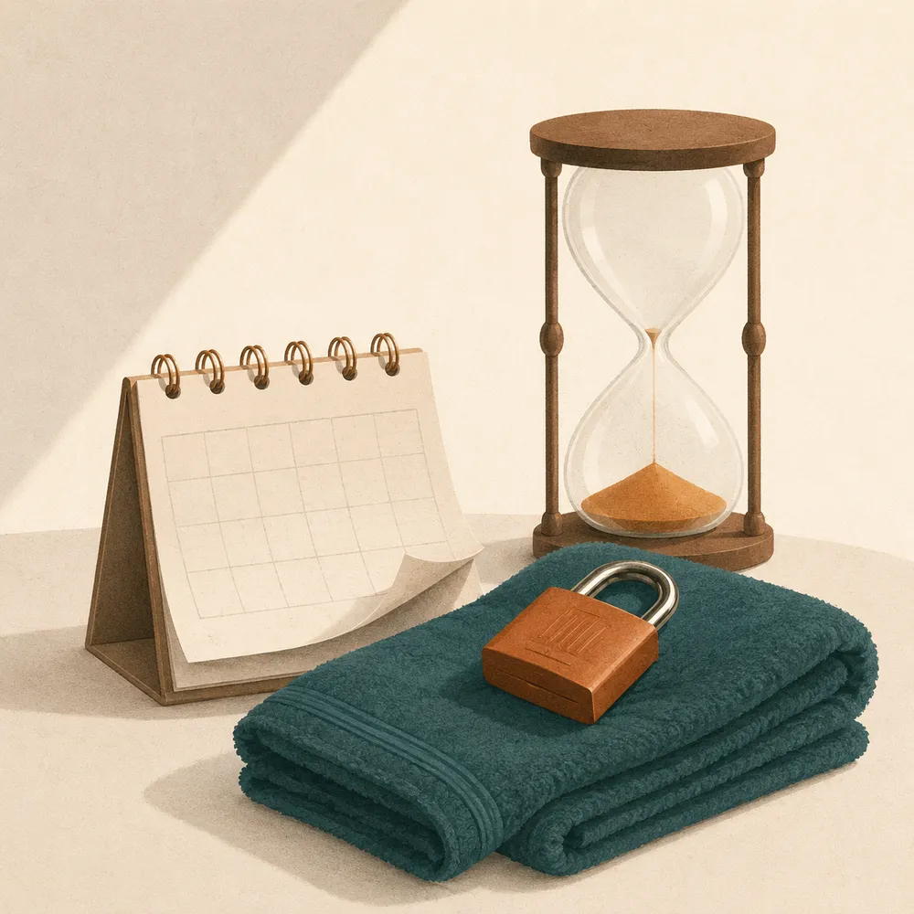 A leather padlock resting on a folded bath towel next to a wooden hourglass half run through.